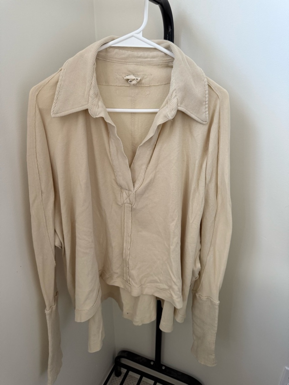 Free People Cream Open V-Neck Long Sleeve Pullover